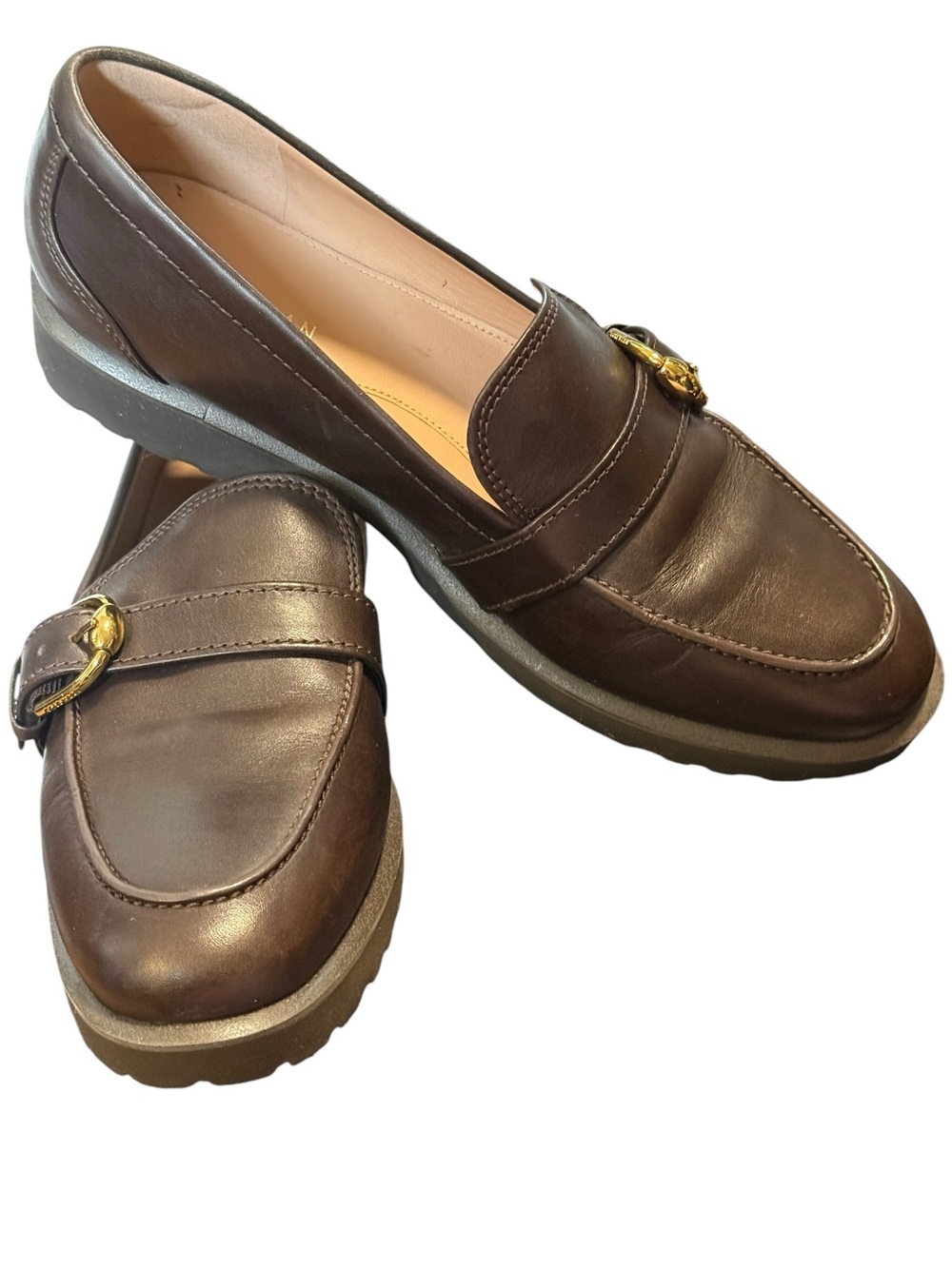 Cole Haan Grand 360 Brown Leather Gold Buckle Lug Sole Loafers - Picture 2 of 9